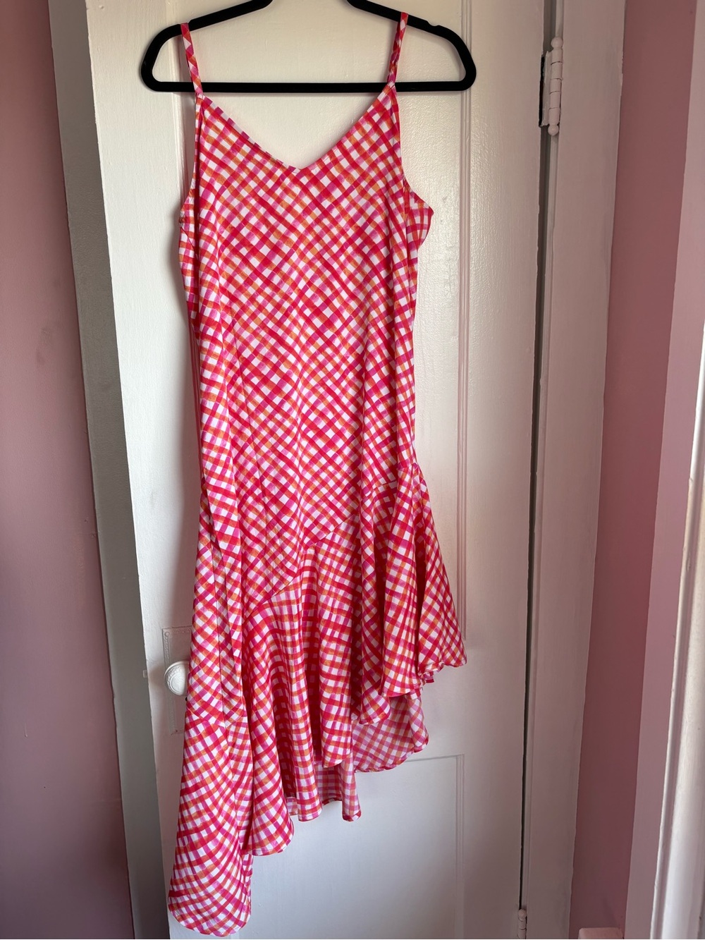 Tommy Bahama Watercolor Gingham Asymmetrical Ruffle Midi Slip Dress Pink XS - Picture 5 of 6